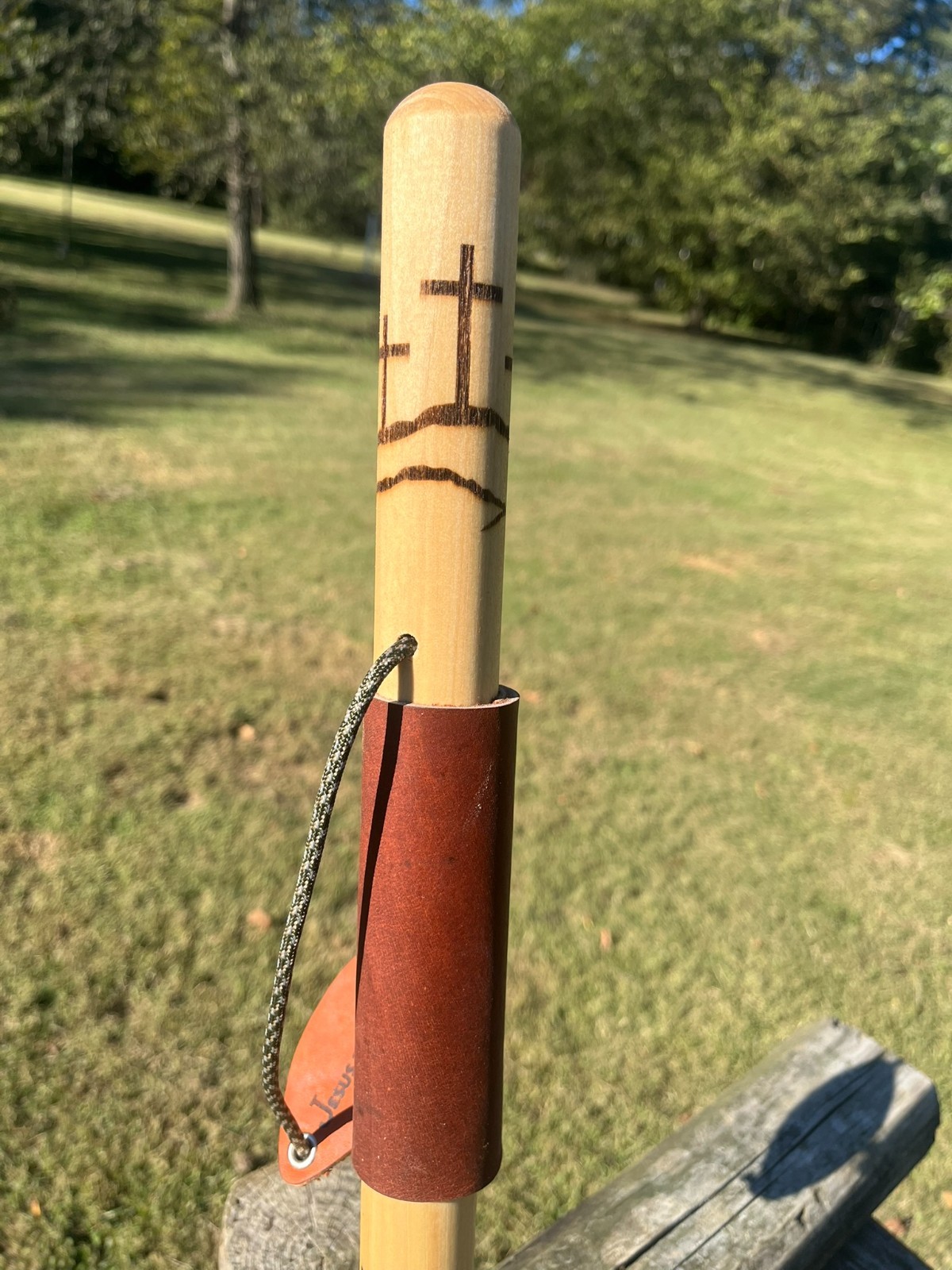 Three Crosses Jesus Christ Natural Earth Tones Wood Walking Stick Hiking Staff