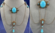 Vintage Art Nouveau Czech Glass Persian Turquoise Gold Filigree Festoon Necklace