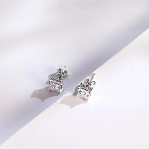 2Ct Princess Cut Lab Created Diamond Solitaire Stud Earring 14K White Gold Over - Picture 2 of 6