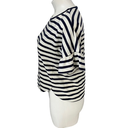 Copper Key Top Womens Medium Blue Breton Stripe Nautical Coastal Ruffle Sleeve - Picture 7 of 14
