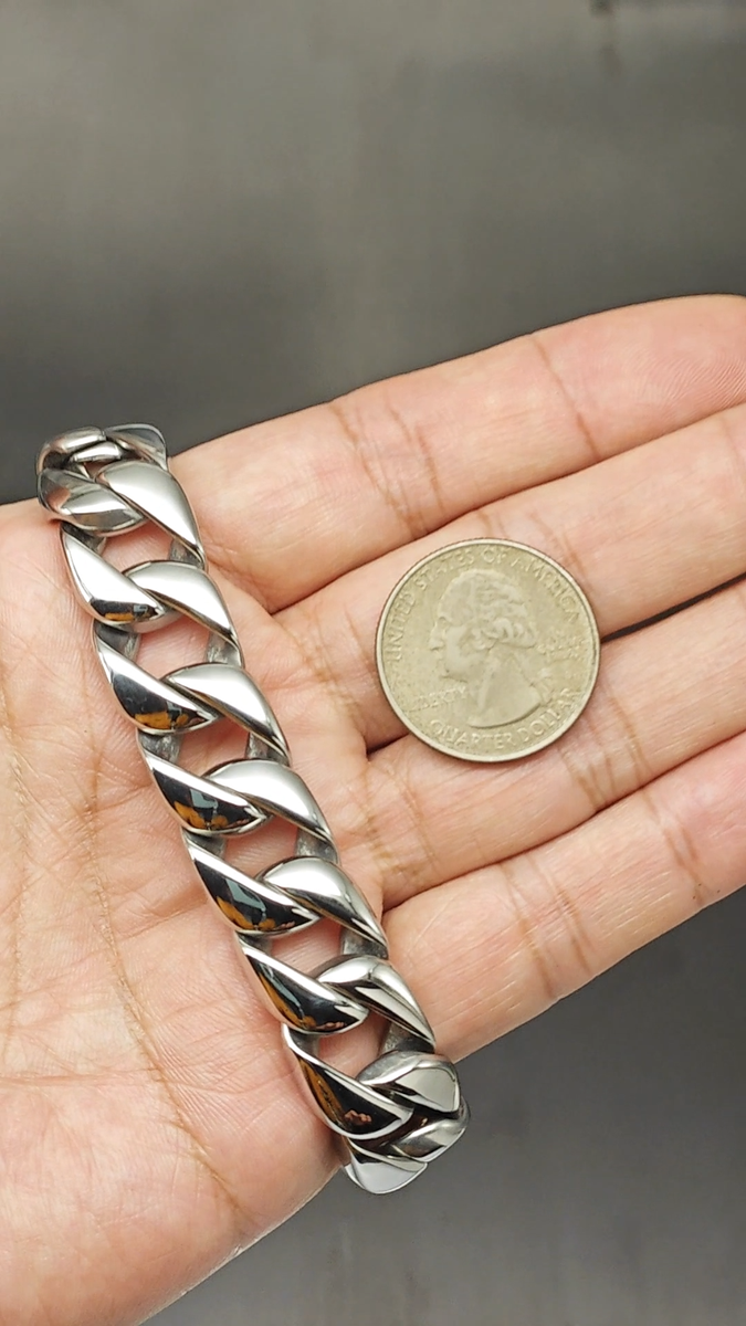 Stainless Steel Men's Cuban Link Bracelet Fleur De Lis Clasp Hefty Hand Made High Polish 5/8 In Wide, Size 8.5 In - Foto 8