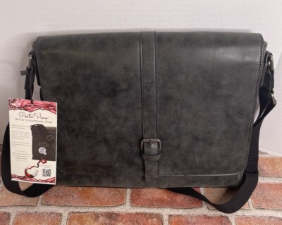  NEW  PortoVino Messenger - Vegan Leather Wine Bag Holds 2 Bottles Slate Color