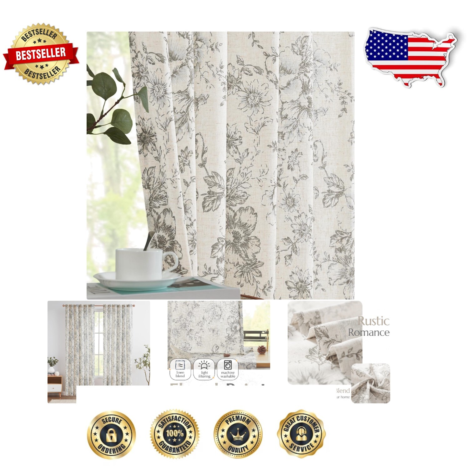 Versatile 84 Inch Linen Blend Floral Curtains with Rod Pocket & Back Tab Style