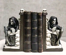 Gothic Grim Reaper Sitting On Skulls And Skeleton Bones Thrones Bookends Statue