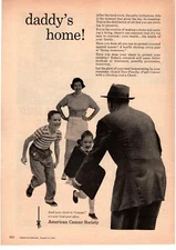 1959 American Cancer Society "Daddy's Home" Father Kids Housewife Check Print Ad