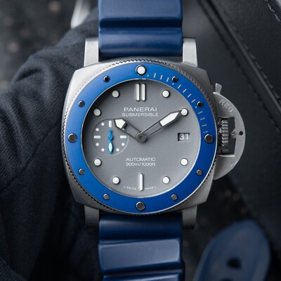 Panerai Submersible 300M Grey Blue Ceramic Bezel Rubber Strap Pam959 Diver Watch