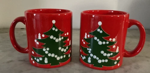 2 Vintage Waechtersbach Christmas Tree Ceramic Mugs - W. Germany