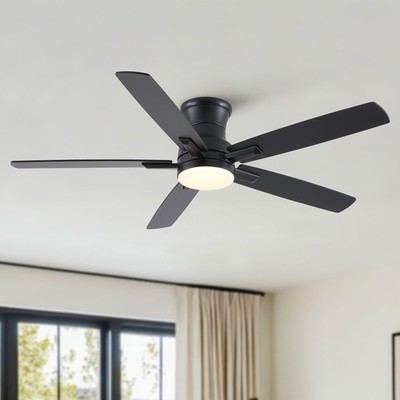 52'' Matte Black Flush Mount Ceiling Fan with Light & Remote Control