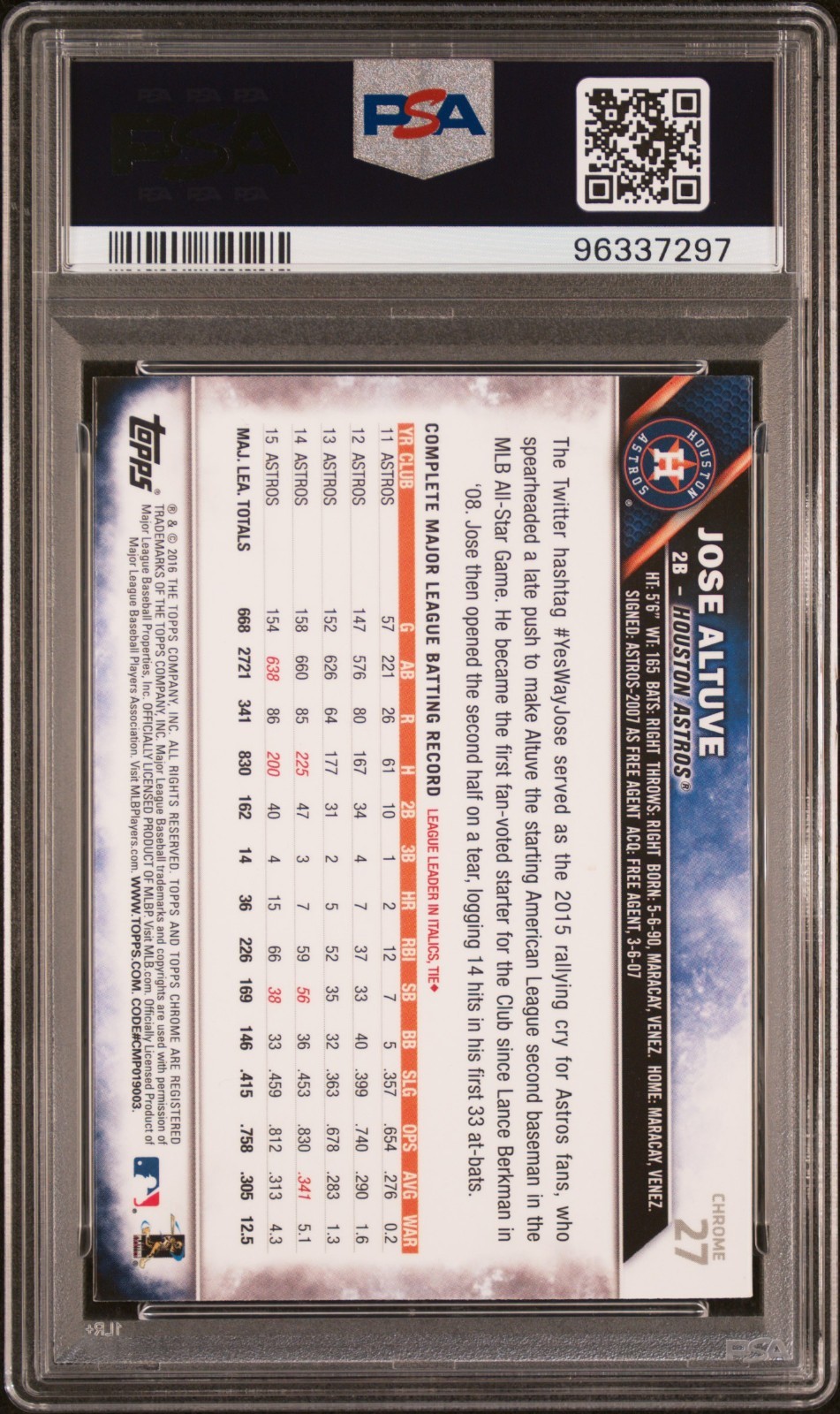 2016 Topps Chrome #27 Jose Altuve Sepia Refractor PSA Authentic Auto 9 view 2