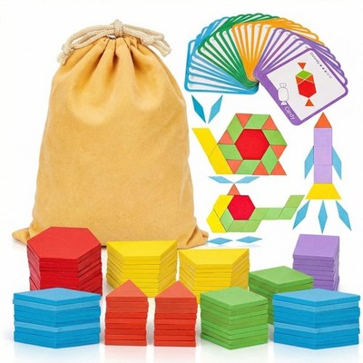 209 PCS Shapes Wooden Pattern Blocks for Kids, Geometric with Activity Cards ...