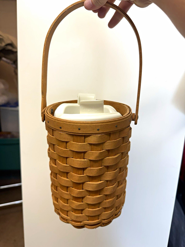 Longaberger Small Round Woven Wood Hanging Basket w/ Lid Brown Country Style
