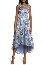 NWT Eliza J Blue Floral Embroidered Sequin Illusion High-Low Midi Dress Size 8