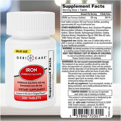 GeriCare Ferrous Sulfate Tablets 325mg Elemental Iron 65 mg 200 Tablets