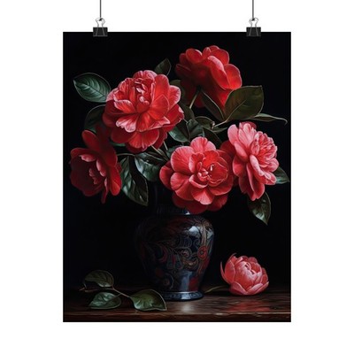 Red Camellia Flower Art Print Poster, Flower Painting, Flower Décor