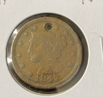 1847 Braided Hair Large Cent Penny 1c United States Coin Holed Good Details