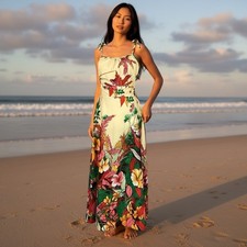 Vintage 70s tie strap a line Hawaiian floral print maxi dress small