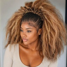 Braided Wig Short Afro Kinky Curly Auburn Brown Lace Front Glueless Baby Hair 6"