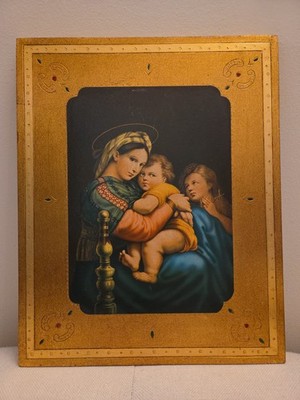 Vintage Madonna della Seggiola  Raphael Religious Plaque Gold Frame Spain Madrid