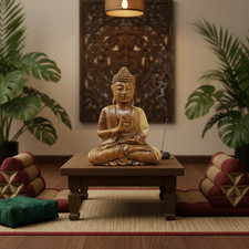 Scultura Buddha Legno di Suar 34cm Intagliata Indonesia Meditazione Yoga Unico