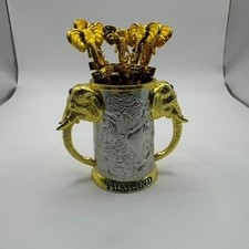 Vtg Thailand Elephant Cocktail Forks Set with Holder Tropical Souvenir Gold