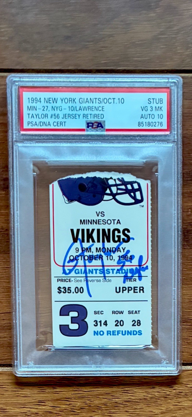 Lawrence Taylor 1994 Giants Ticket Jersey Retirement w/ PSA 10 Auto & 56 NYG 