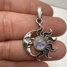 Pretty Rainbow Moonstone Gemstone 925 Sterling Silver Half Moon  Sun Pendant