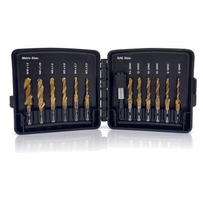 Combination Drill & Tap Bit Set, 6 pc SAE 6-32NC ~ 1/4-20NC and 6 pc Metric M...