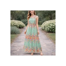 Floral Summer Dress Beach Vacation Long Boho Flowy Green Floral Clearance