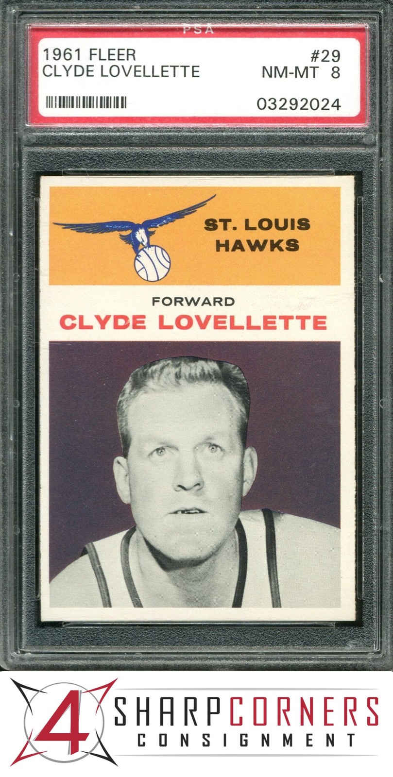 1961 FLEER #29 CLYDE LOVELLETTE HAWKS HOF PSA 8