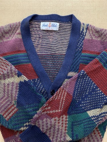 Vintage 1980s Jack Tan Argyle Diamond Multi Color Kids Cardigan Sweater Size 7 - Picture 2 of 8
