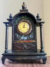 Vintage Hand-Painted Wooden Mantel Clock Quartz Movement, Decorative, As-Is