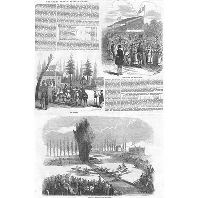 Die große französische Steeple Chase Pferderennen - antiker Druck 1846