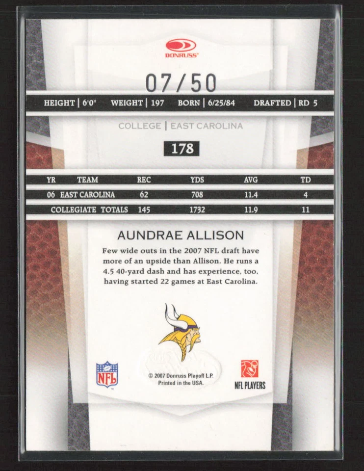 2007 Leaf Certified Materials #178 Aundrae Allison Mirror Blue #/50 Vikings (JT) - Image 2 of 2