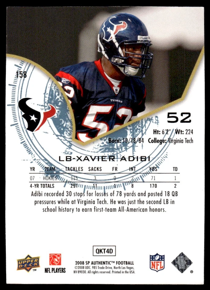 2008 SP Authentic Xavier Adibi Rookie 1208/1399 Houston Texans #158 R83 - Image 2 of 2