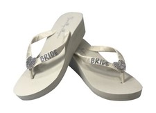 Heart Embellishment Flip Flops with Silver Glitter Bride Straps, Ivory, 2" Heel