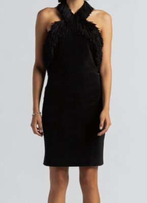 Bottega Veneta Metallic Fringe-Trim Halter Dress, Nero, Women's, Medium, Cocktail & Party Wedding Guest Dresses Halter Neck Dresses