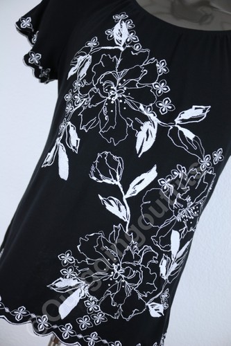 Karen Scott Women's Embroidered Floral Short Sleeve Black Blouse Top Size L - Picture 5 of 12