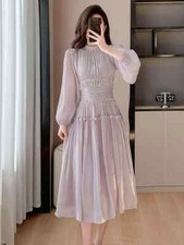 Women Fashion Party Dress Spring Tassel Ruffles Puff Sleeve Slim Midi Dress