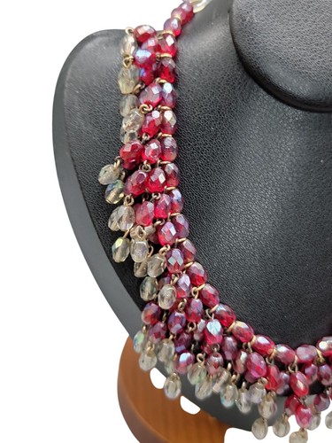 Handcrafted Irridescent Tassel Beaded Statement Necklace Red/Clear Glass Beads - Picture 14 of 14