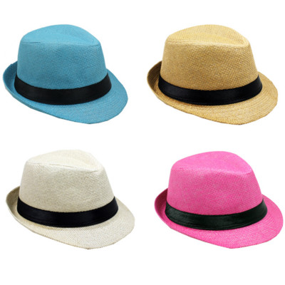 KIDS STRAW FEDORA HAT w/BAND Trilby Gangster Panama Classic Vintage Style