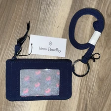Vera Bradley Zip ID Case Wallet Coin Purse Lanyard W/Key Ring Classic Navy NWT