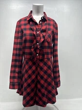 Red Valentino Shirt Dress Mini Button Down Buffalo Plaid Red Black Size 38 US 6