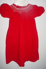 Vtg-Baby Girls-Red Corduroy-Smocked Christmas Long Gown Bishop Dress