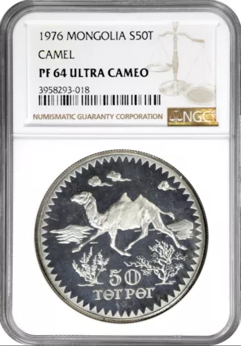 Mongolia Silver 50 Tugrik 1976 NGC: PR 64 Ultra Cameo “Camel”. #C402