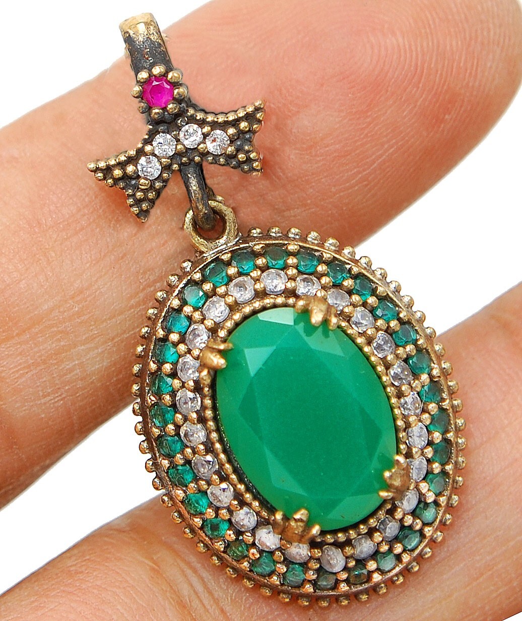 Ottoman Empire Style 12CT Treated Emerald 925 Sterling Silver Pendant TC5