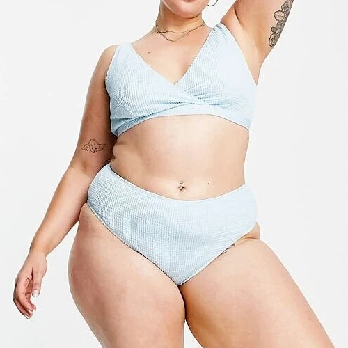 Peek Beau Curve Exclusive high waist bikini bottom in baby blue scrunch UK 18