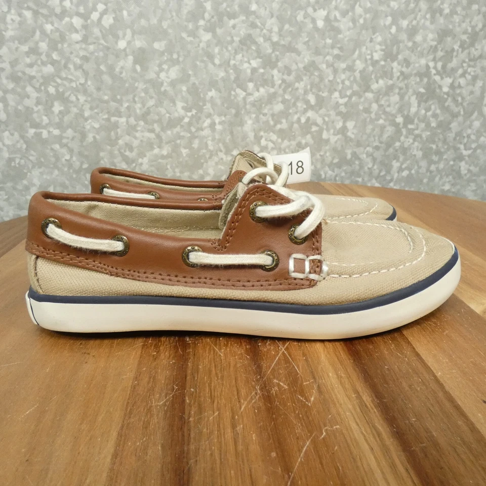 Polo Ralph Lauren Mocasín Niños 11.5 Lona Tostada Cuero Marrón Zapato Barco Foto 2 de 4