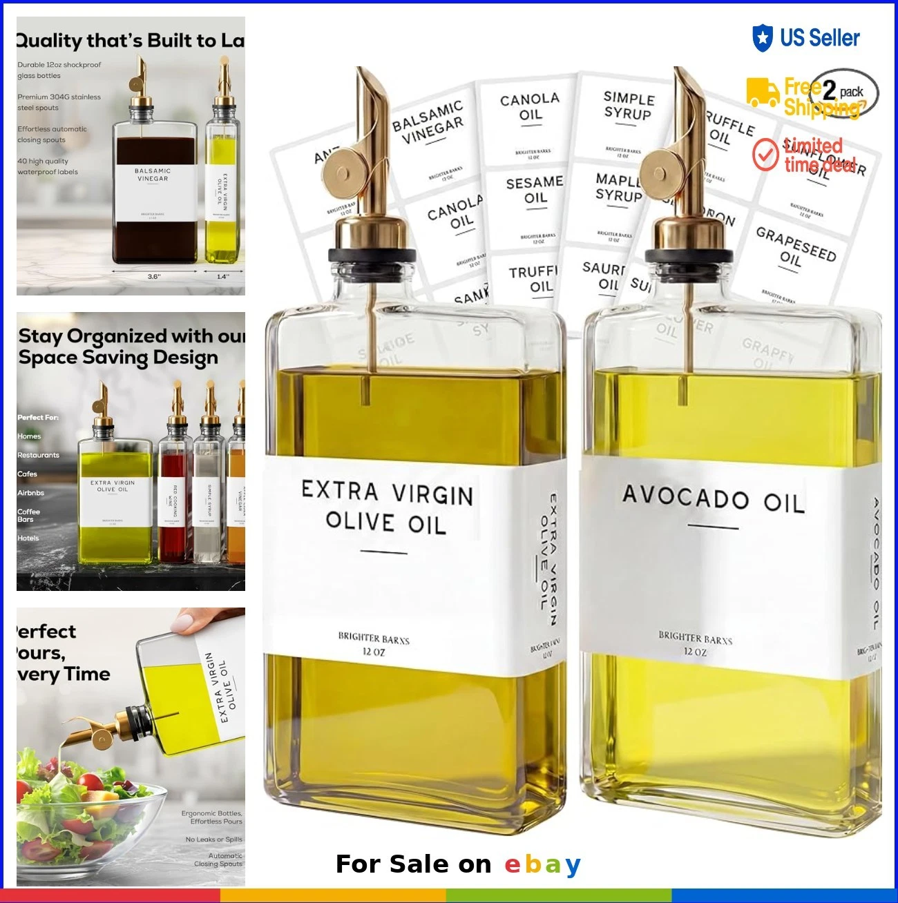 Glass Oil Dispenser Bottles Set of 2 Stainless Steel Spouts Leak Proof Kitchen