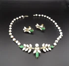 Vintage DUANE Milk Glass Clear RS & Green Rhinestone Necklace & Earrings Set