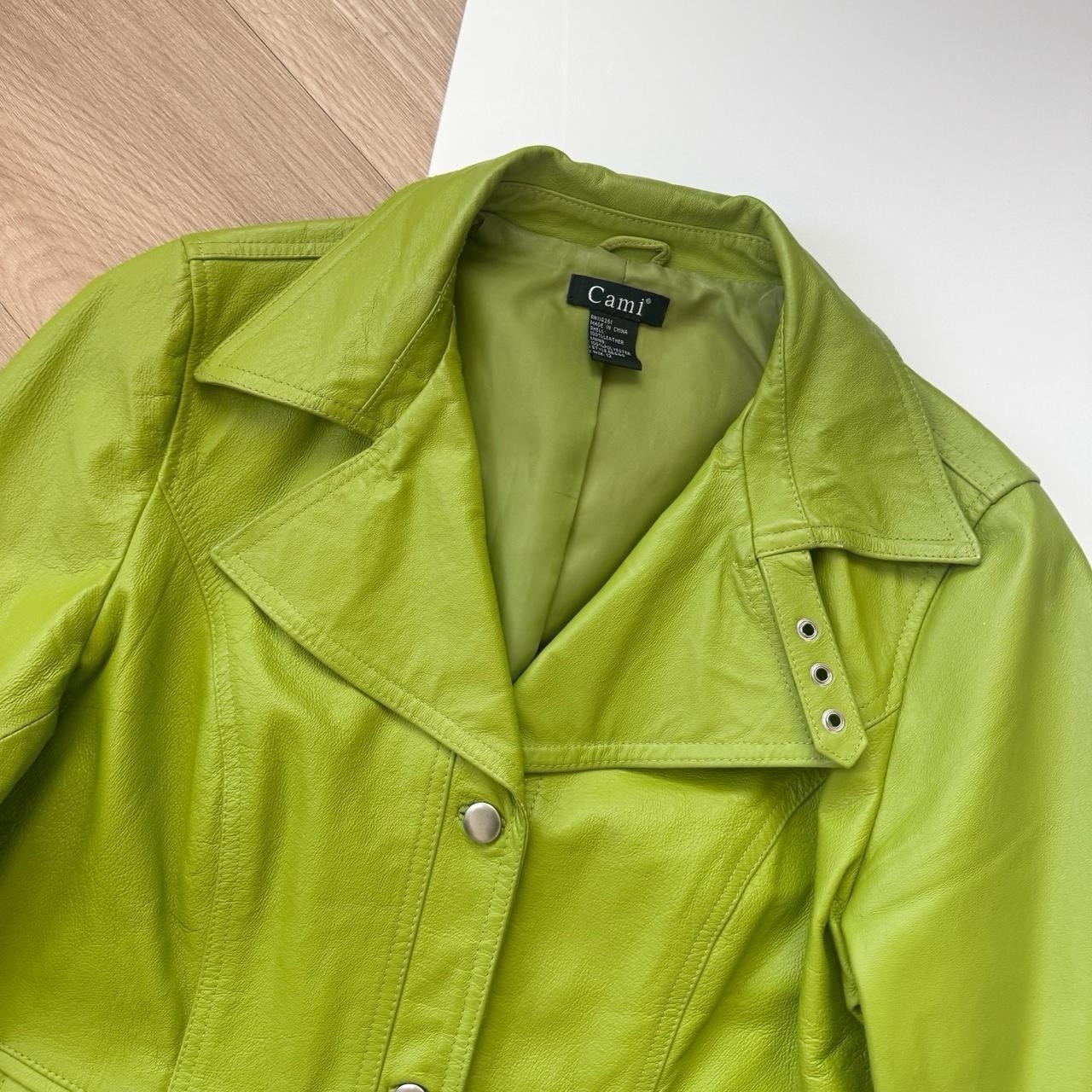 Green Leather Jacket Medium Button Up Vintage Y2K… - image 4